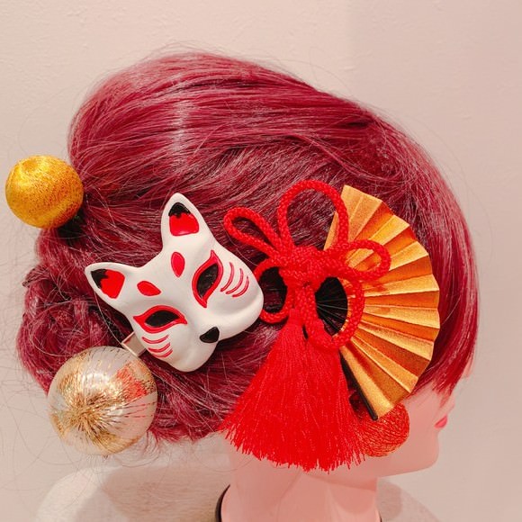 江戸うちリボン、きつねと扇子の髪飾り、ミニお面